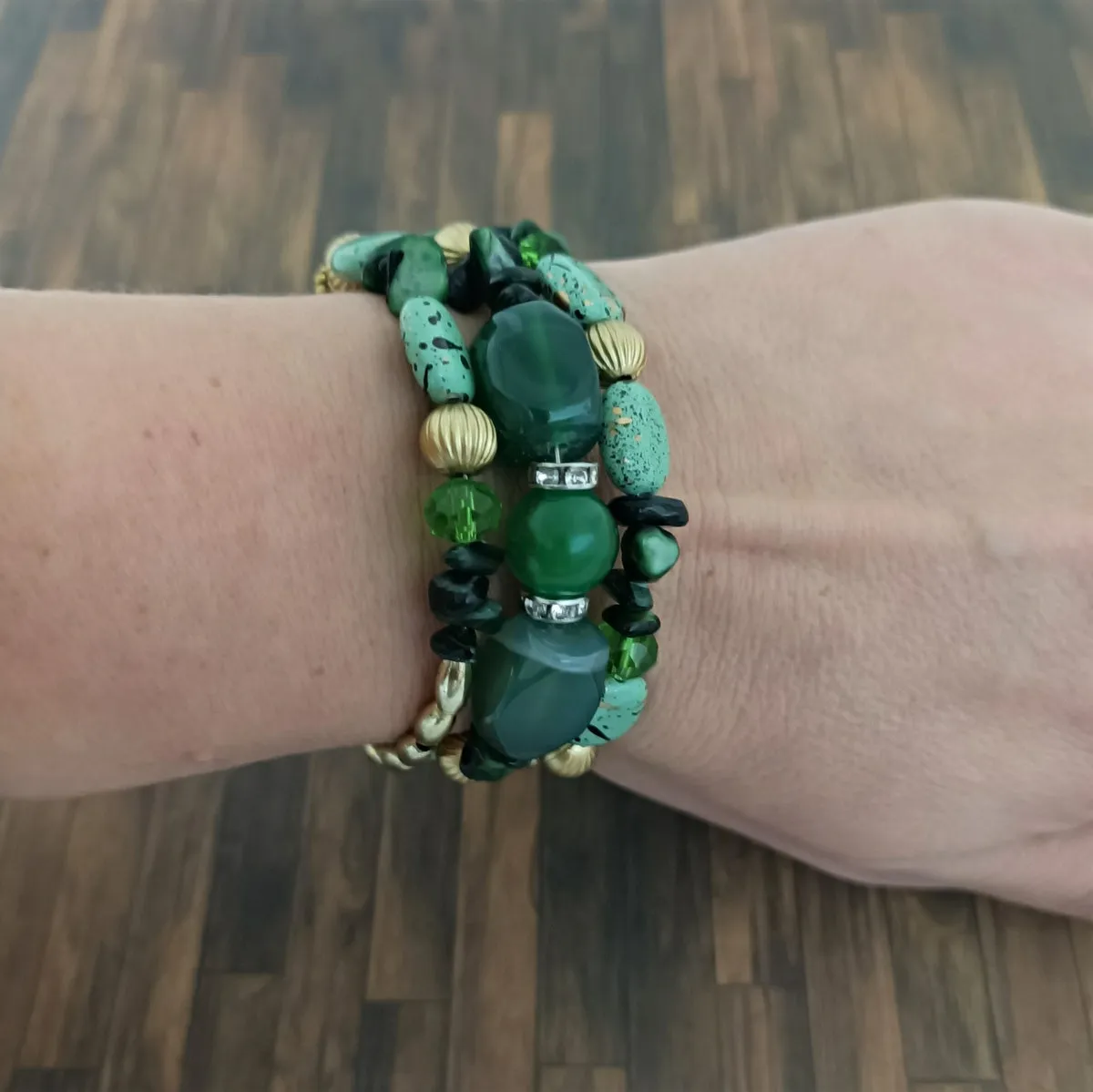Bracelet multi-rangs vert/marron/doré