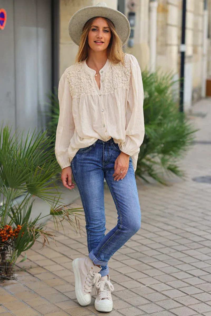 Chemise écru légère col smocké relief effet froissé