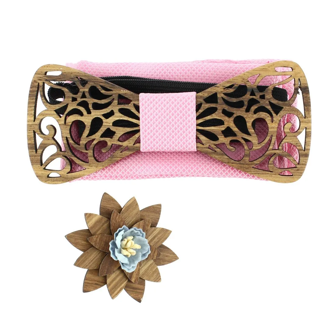 Coffret Volutes sculptées, Rose. Noeud papillon en bois avec 2 accessoires.