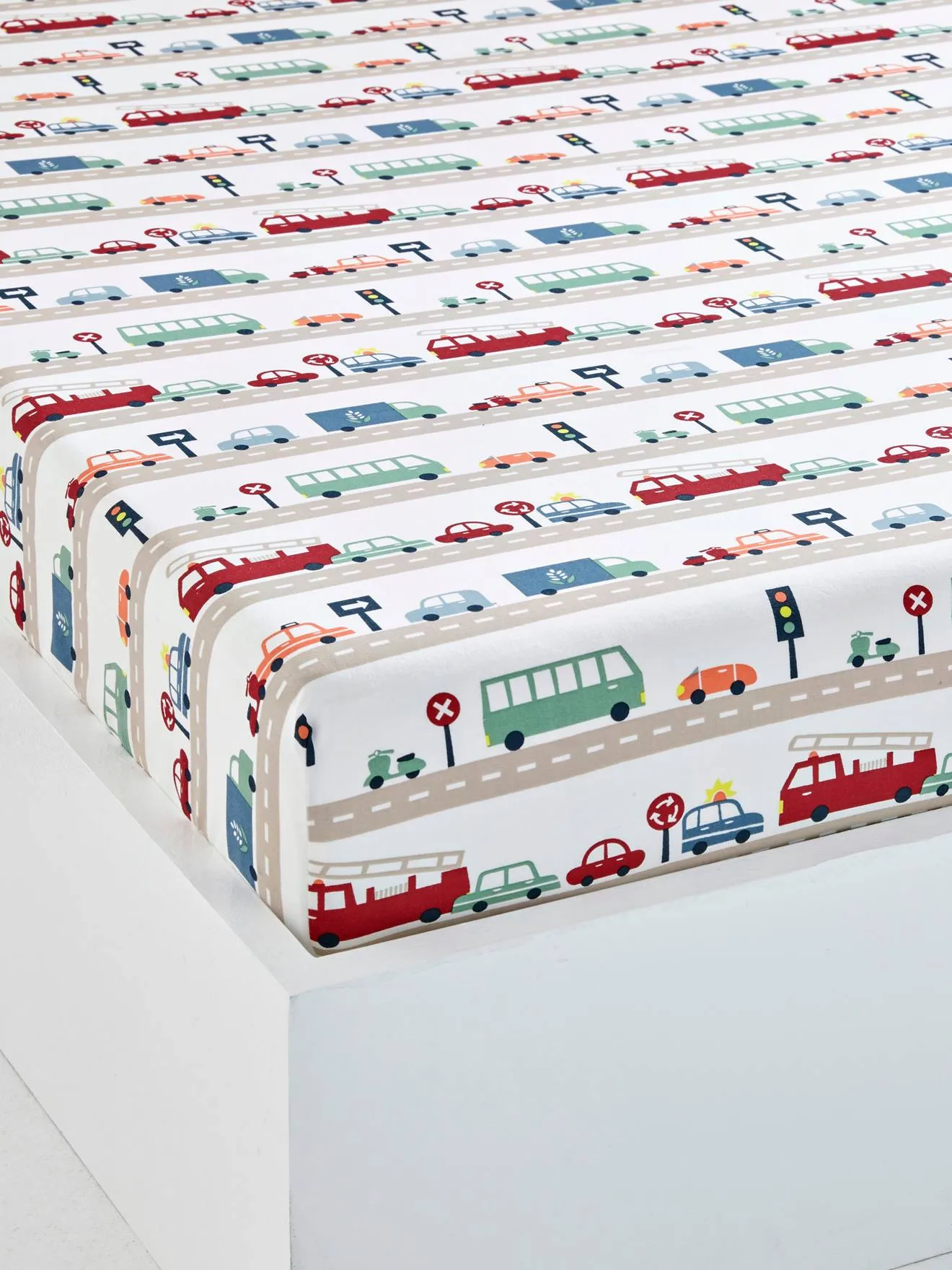 Drap-housse enfant AUTO-CITY beige grisé imprimé - Vertbaudet