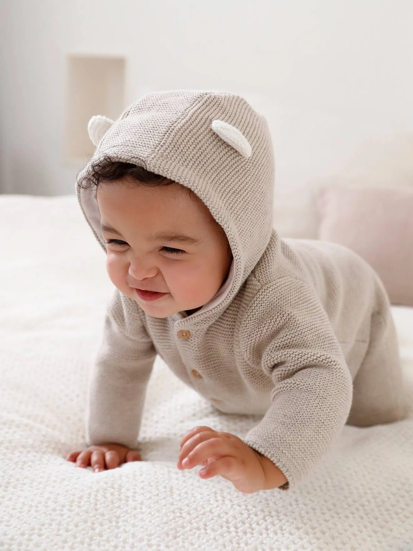 Ensemble naissance 3 pièces en point mousse beige chiné - Vertbaudet