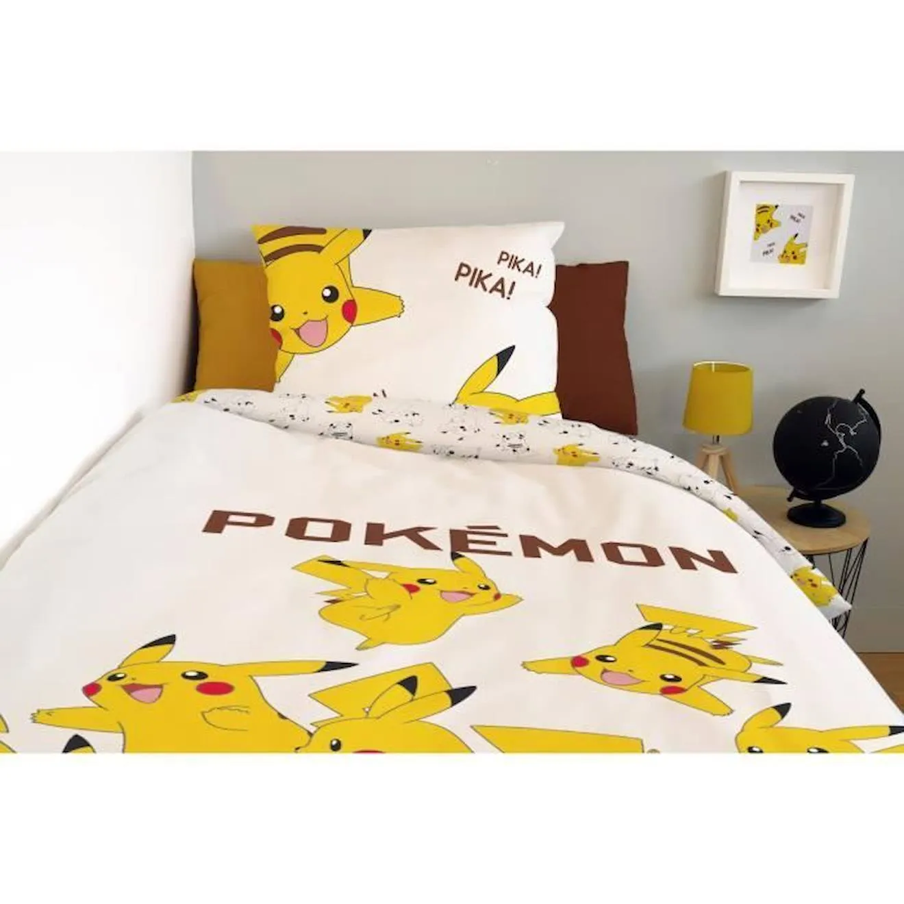 Housse De Couette Pikachu Pokémon 140x200 cm + 1 Taie d'oreiller 63x63 cm - 100% Coton - Ecru beige - Pokémon