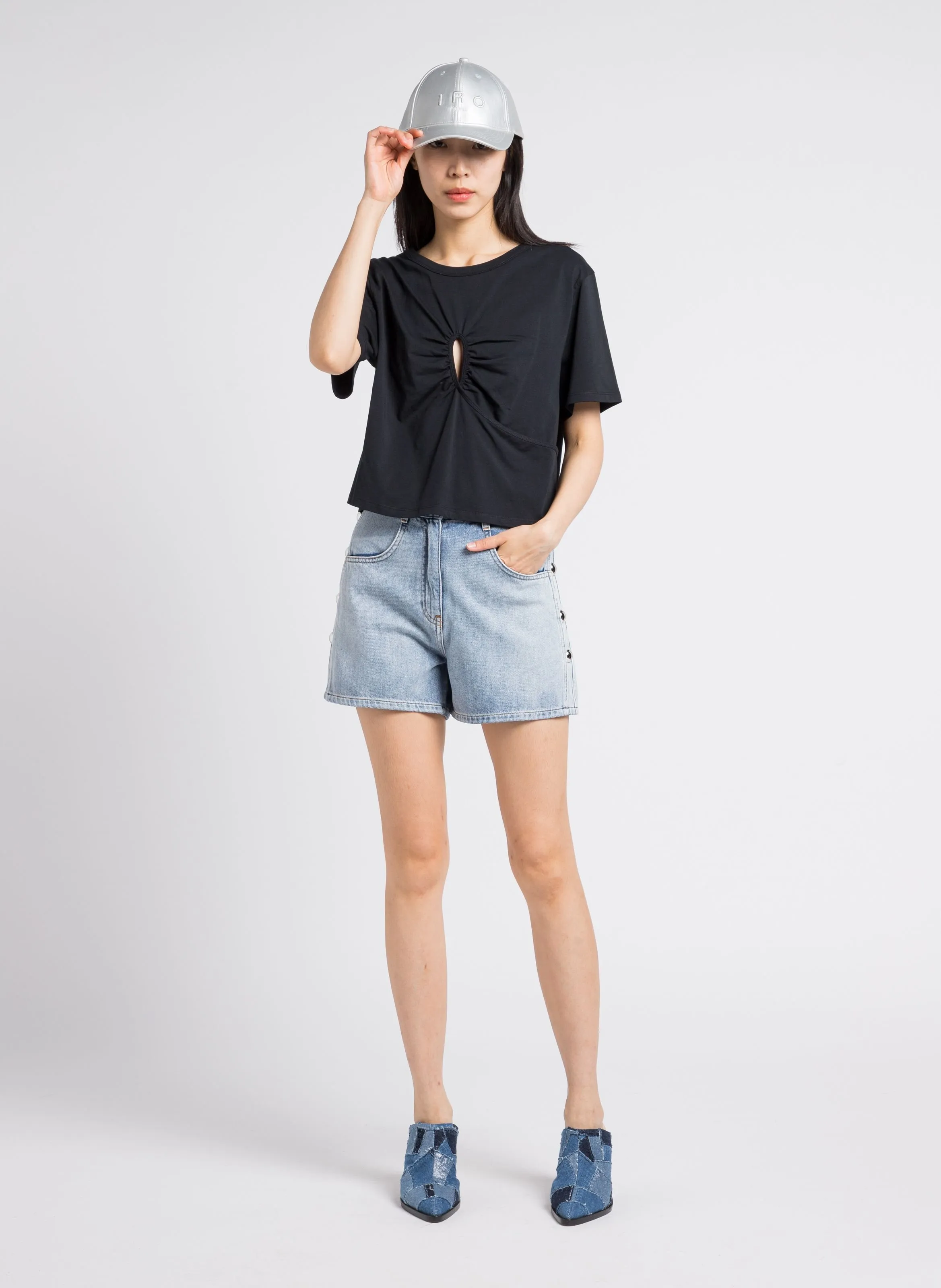 IRO  Short droit taille haute avec studs en denim coton canio - Bleu