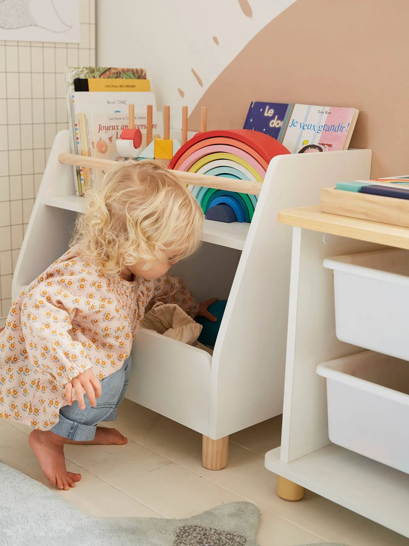 Meuble de rangement mixte étagère + bacs LIGNE PTILOU blanc/bois - Vertbaudet
