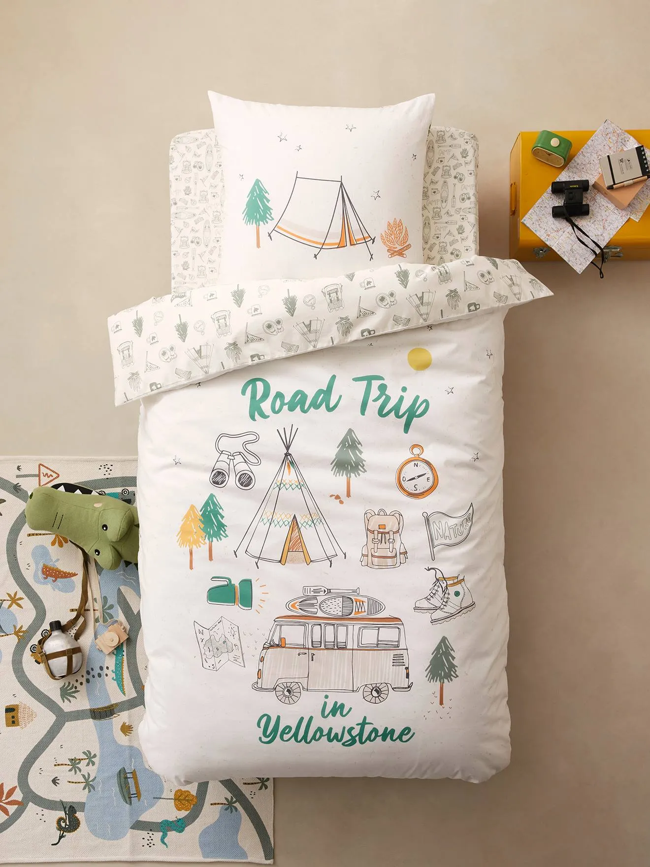 Parure enfant housse de couette + taie d'oreiller YELLOWSTONE beige - Vertbaudet