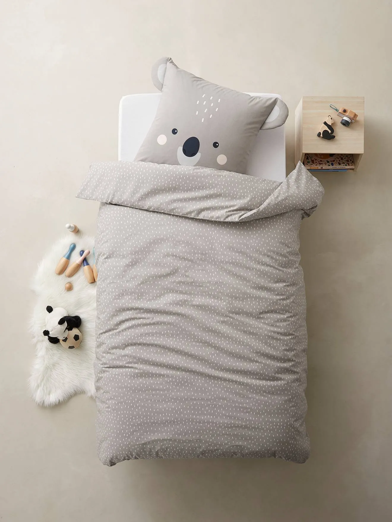 Parure housse de couette + taie d'oreiller BIO* KOALA gris / écru - Vertbaudet