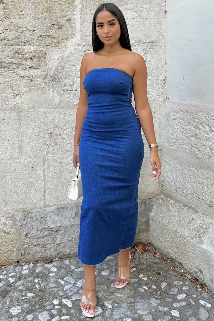 Robe longue en jeans bleu bustier