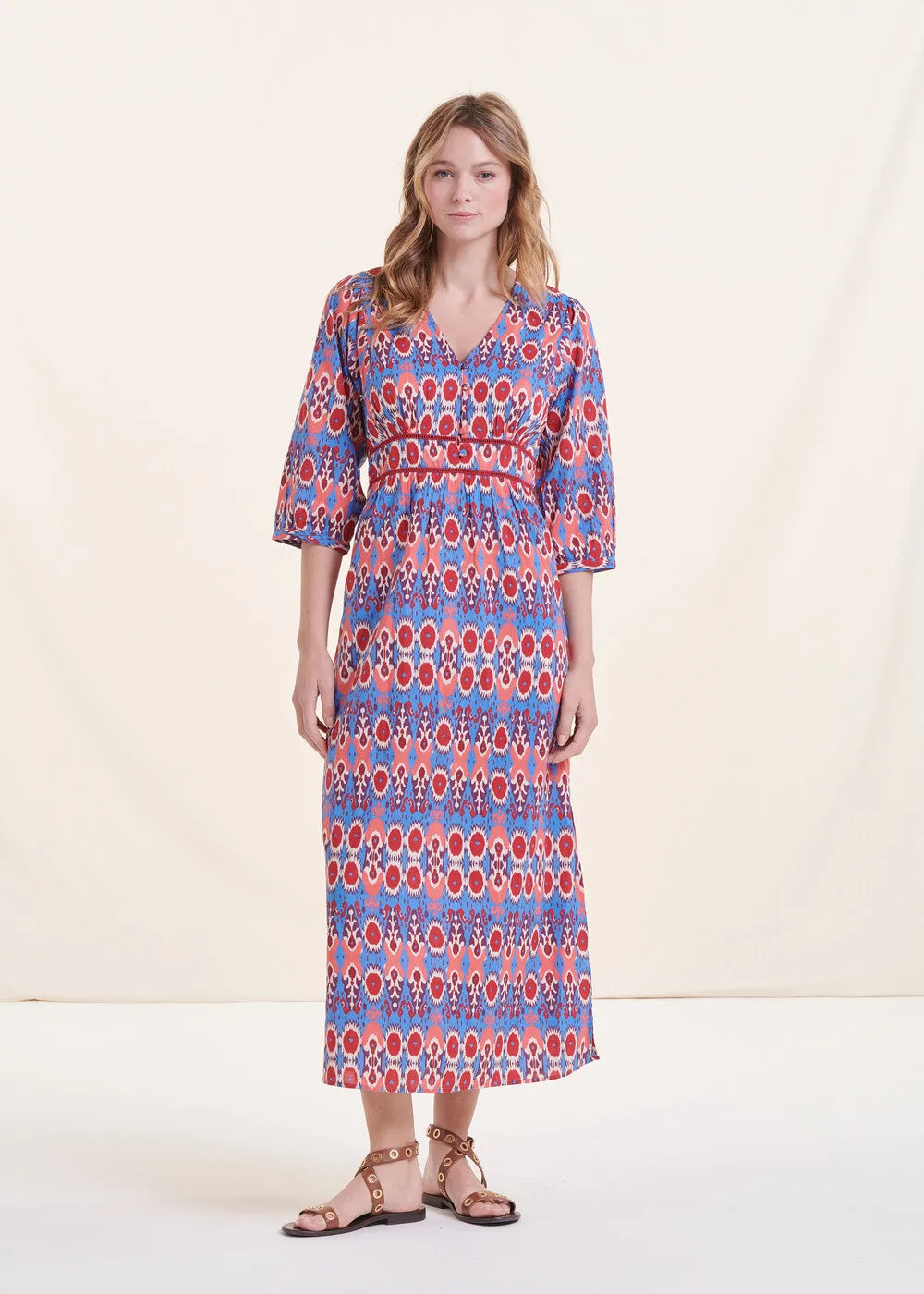 Robe longue imprimé bleu et rose en coton biologique