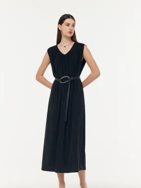 Robe Midi Sans Manches en Tencel robe Avec Ceinture en Cuir