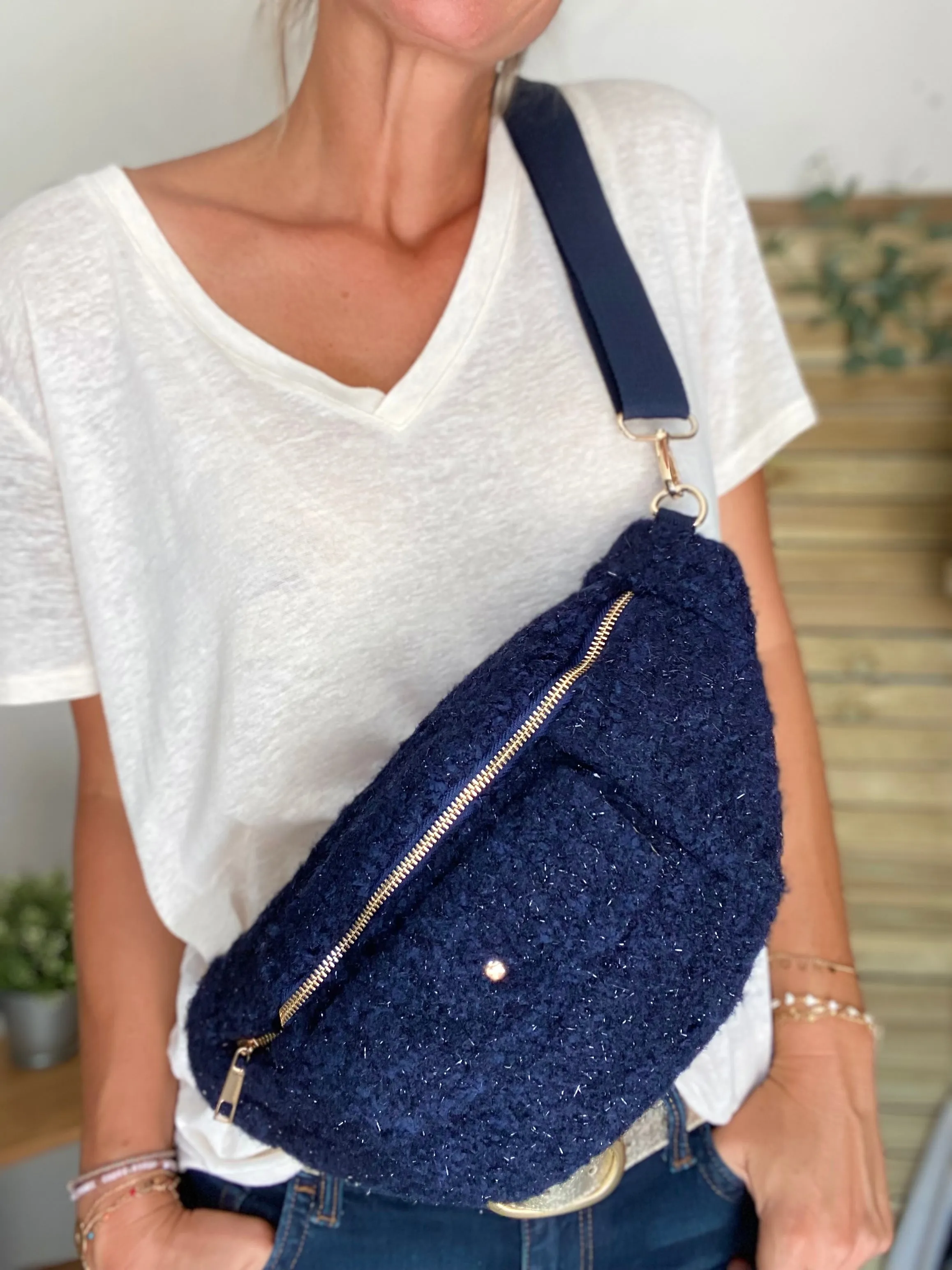 Sac banane XL moumoute lurex avec poche avant - CHELSEA - Marine