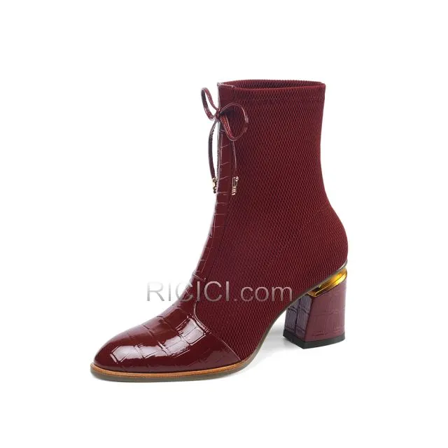 Talon Mid Noeud Vernis Bout Rond Bordeaux Chelsea Stretch Bottines Chaussettes Talon Carrés