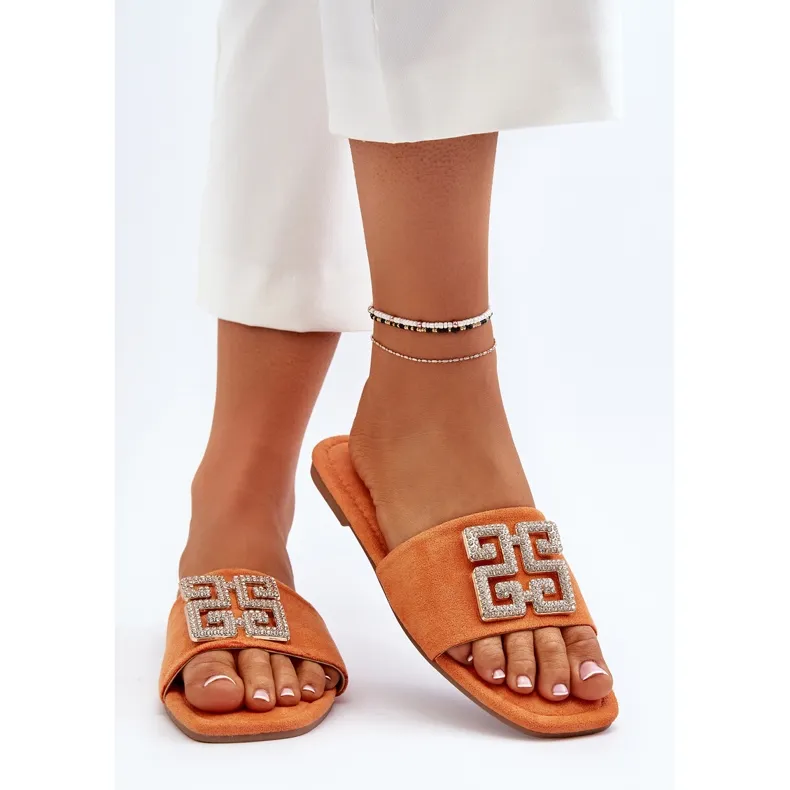 Tongs Femme Talon Plat Avec Décoration, Orange Inaile