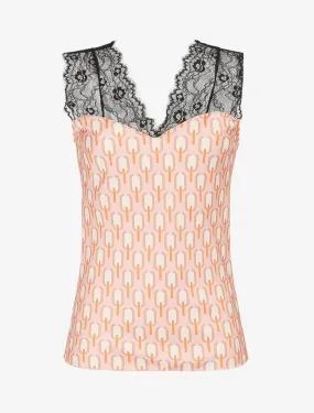 Top satiné à imprimé retro et dentelle - Rose
