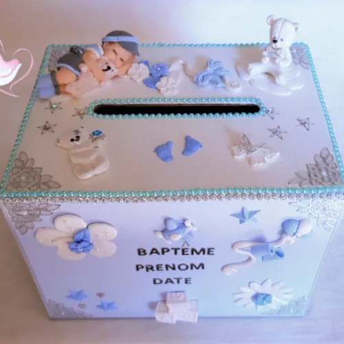 Urne pour baptême bébé garçon gris et bleu avec son ourson - au cœur des arts.