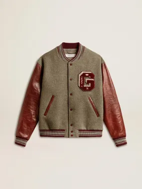 Veste bomber en laine gris chiné avec manches en cuir | Golden Goose